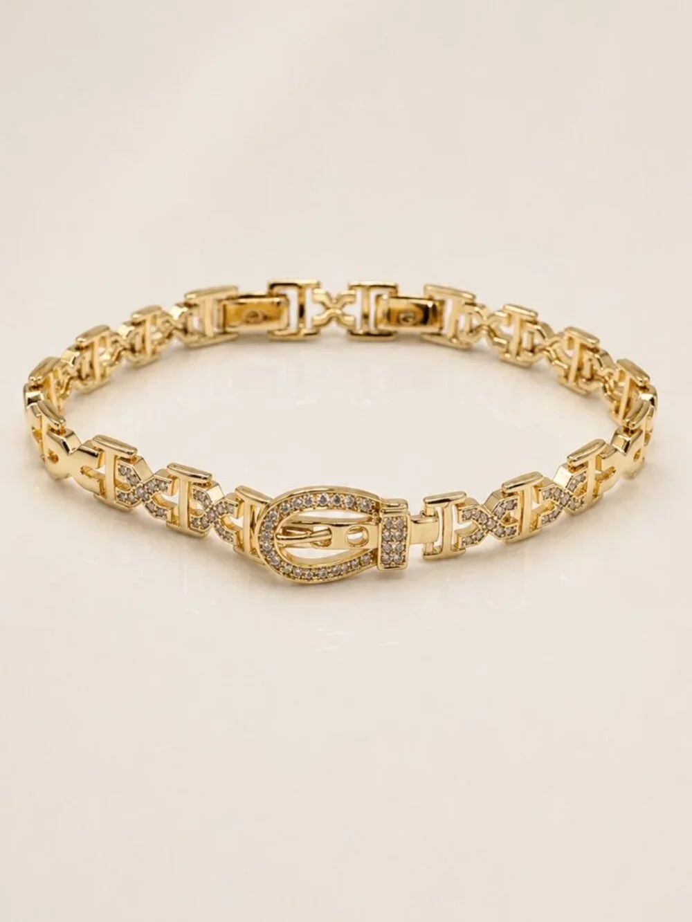 Belt Buckle Link Bracelet-14K Gold Plated-CZ Crystal Statement Bracelet- NEW!